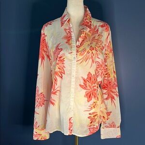 Tahari women 100% cotton floral button down shirt, coral/pale yellow/white